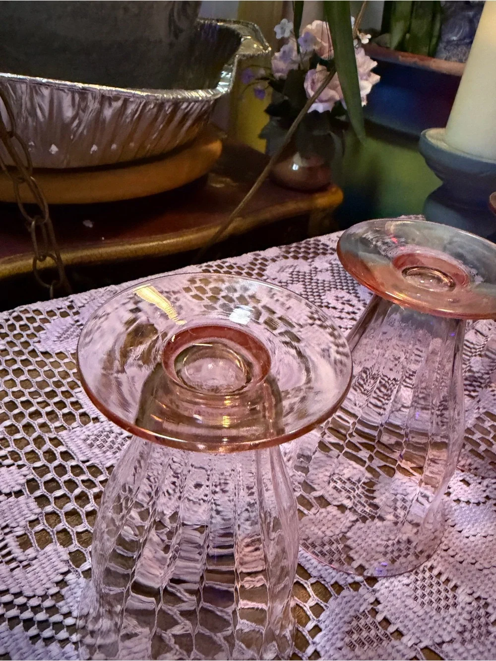 Vintage 1930s Pink Depression Glass Paneled Optic Footed Tumblers Set of 5 GLOWs